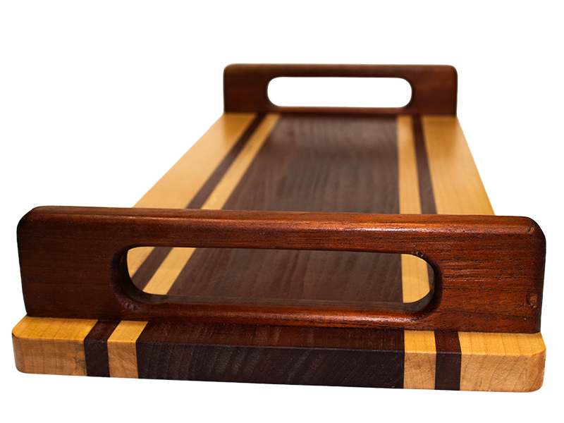 Spanish Cedar and Hard Maple serving board with Spanish Cedar dovetail joined handles side view with handle closeup