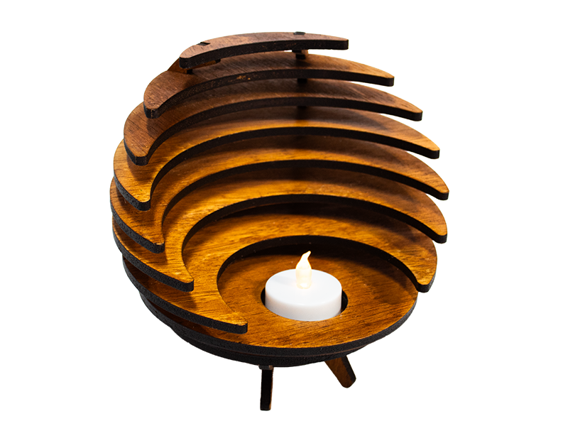 Wood tea light holder in a sphere shape with  an opening for the tea light, sitting on 3 legs.