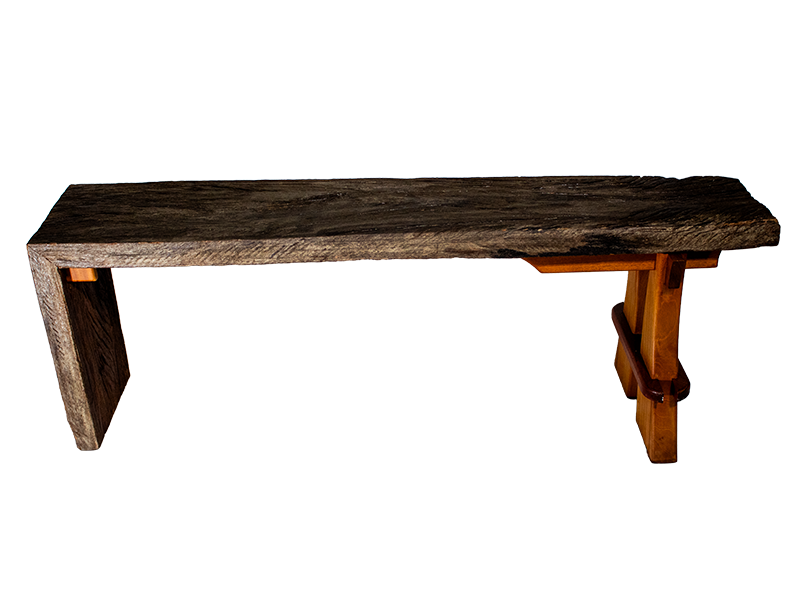 Wabi-Sabi Inspired Mahogany Bench with split leg design and Purple Heart accent.