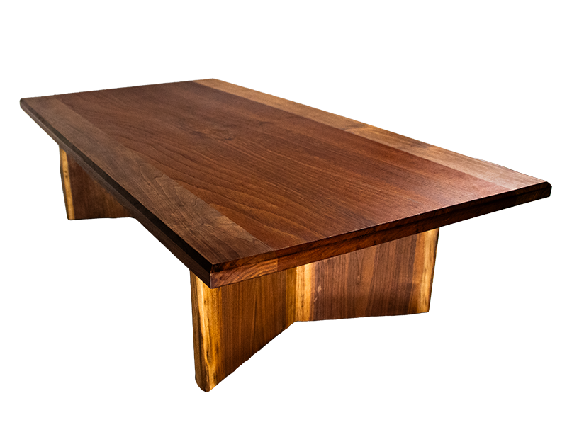 Walnut and Spanish Cedar Japanese Tea Table with V shaped live edge legs and chamfered top edge, diagonal view edge.