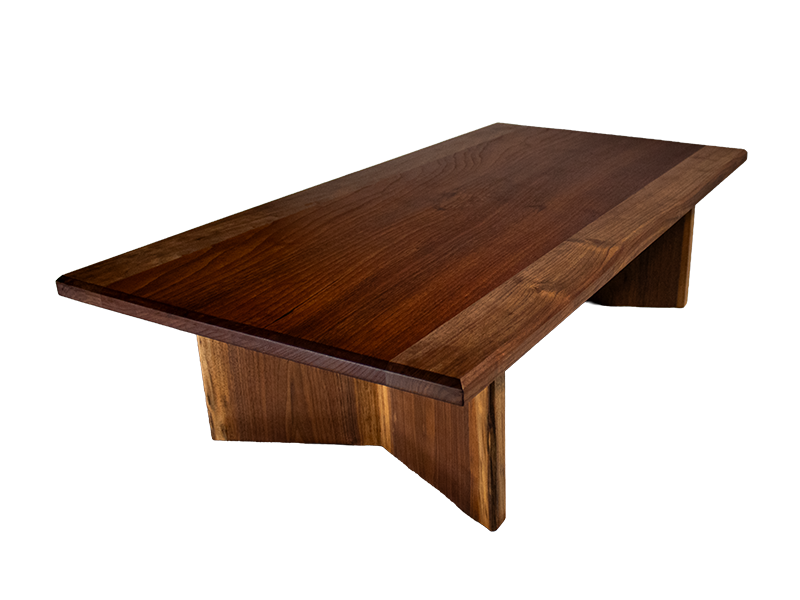 Walnut and Spanish Cedar Japanese Tea Table with V shaped live edge legs and chamfered top edge, diagonal view reversed.