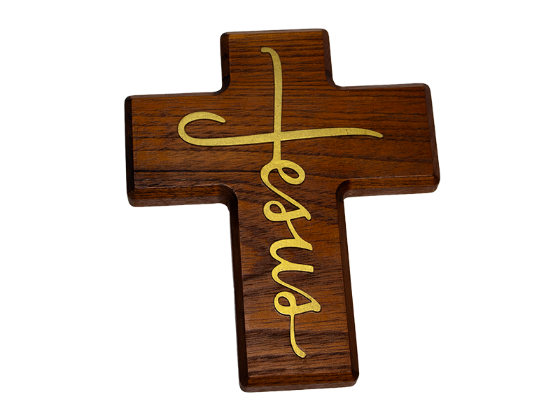 Jesus name in cursive on a Spanish Cedar cross