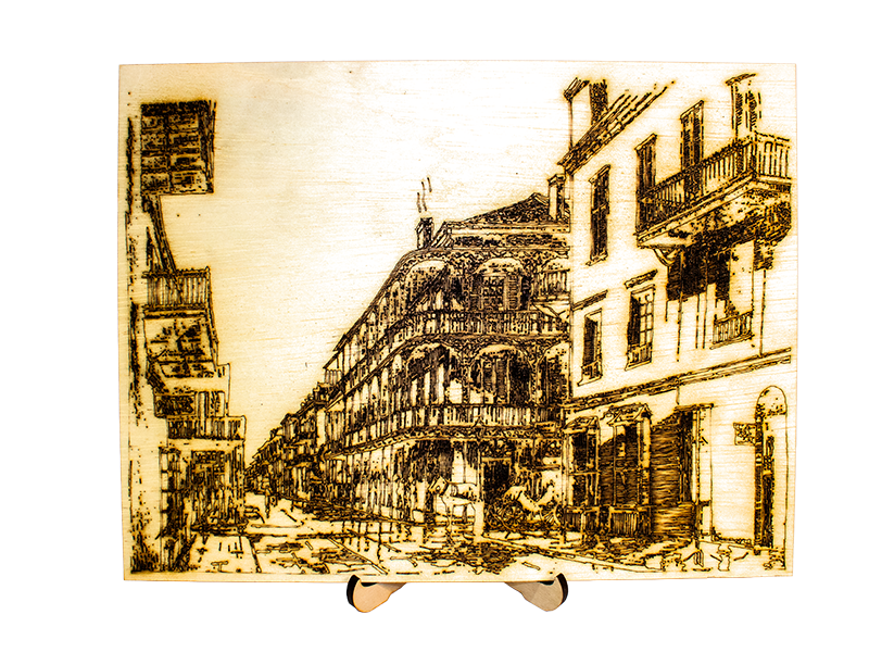 Engraving of a hand drawn New Orlean street.